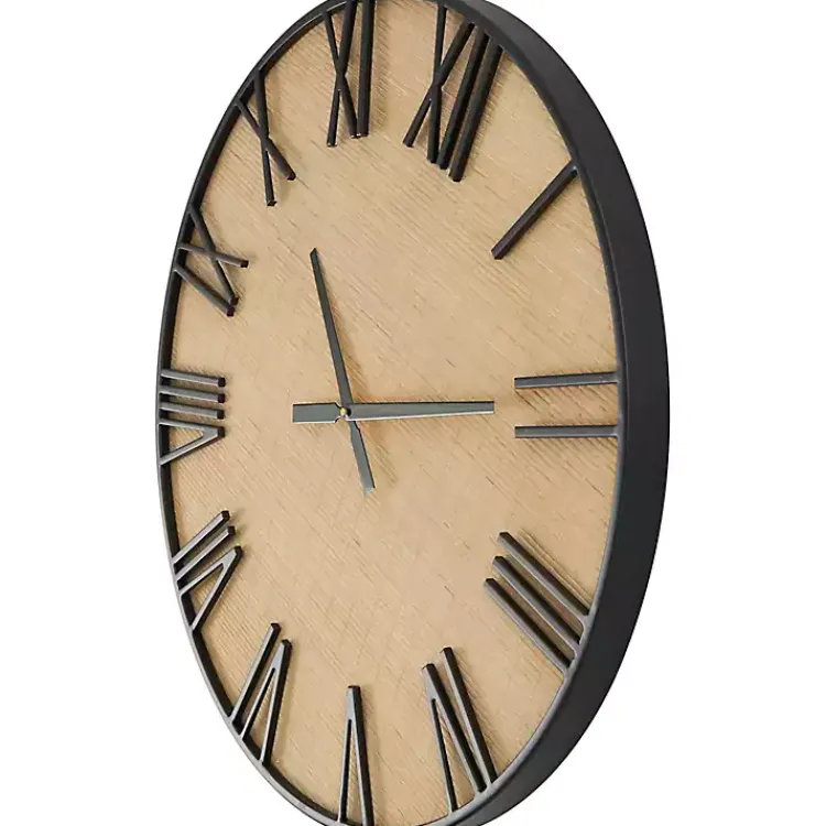 Clocks-Kirklands Home Black Metal Natural Wood Wall Clock