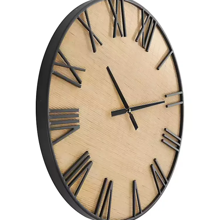 Clocks-Kirklands Home Black Metal Natural Wood Wall Clock