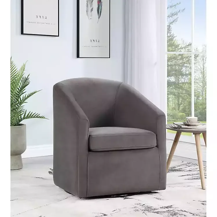 Accent Chairs-Kirklands Home Fog Velvet Swivel Barrel Accent Chair Gray