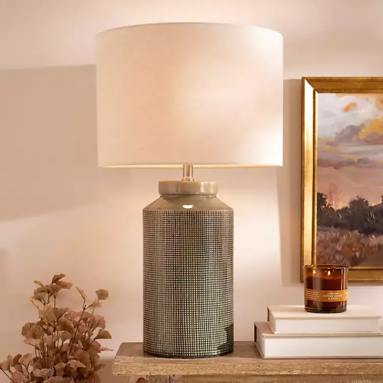 Table Lamps-Kirklands Home Olive Green Grid Ceramic Table Lamp Tan