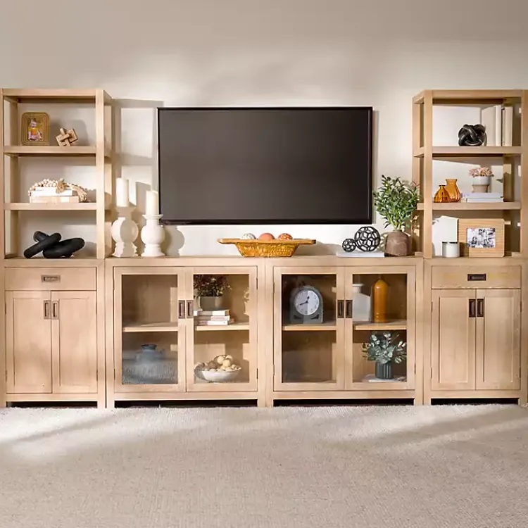 Cabinets & Sideboards-Kirklands Home Natural Wood Glass Door Modular Cabinet Tan