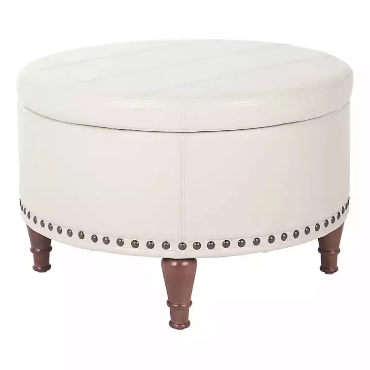 Benches & Ottomans-Kirklands Home Cream Leather Antique Nailhead Storage Ottoman Ivory