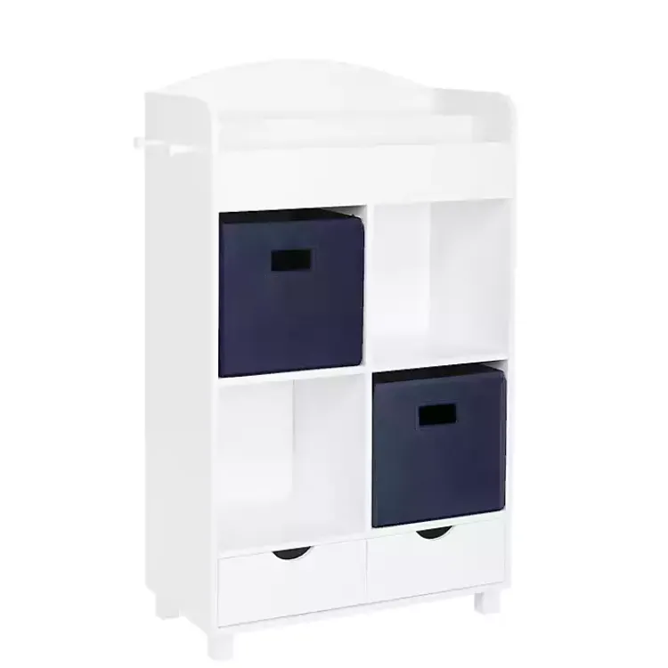 Bookshelves-Kirklands Home Storage Cabinet Bookshelf with 2 Navy Bins White