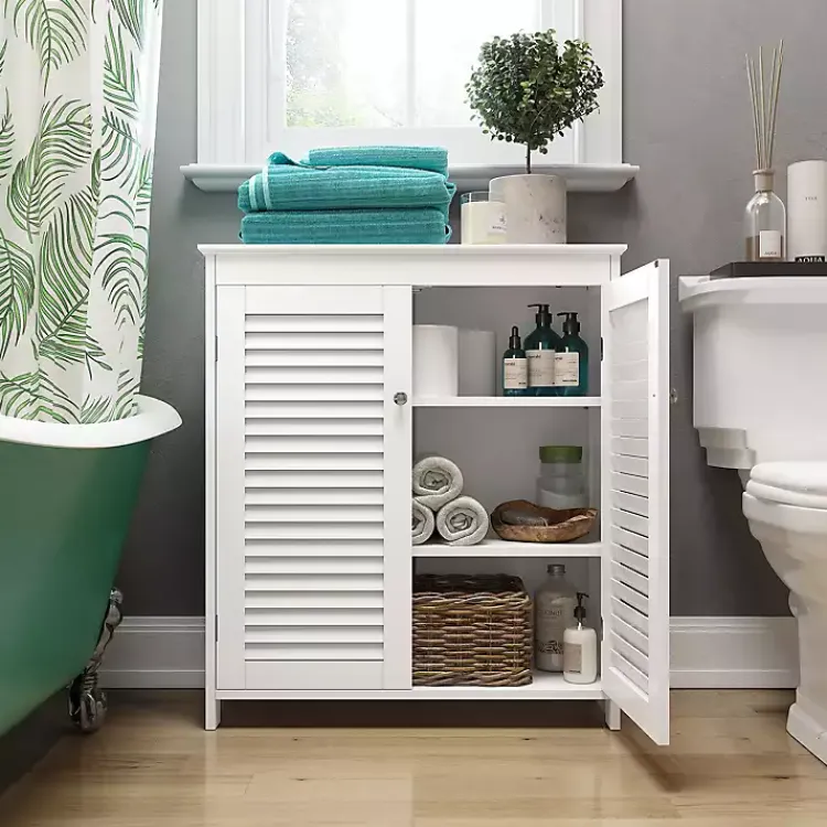 Bathroom Furniture-Kirklands Home Slatted 2-Door Bathroom Storage Cabinet White