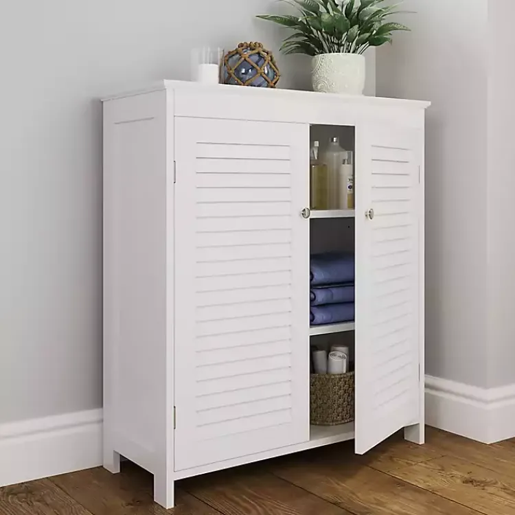 Bathroom Furniture-Kirklands Home Slatted 2-Door Bathroom Storage Cabinet White