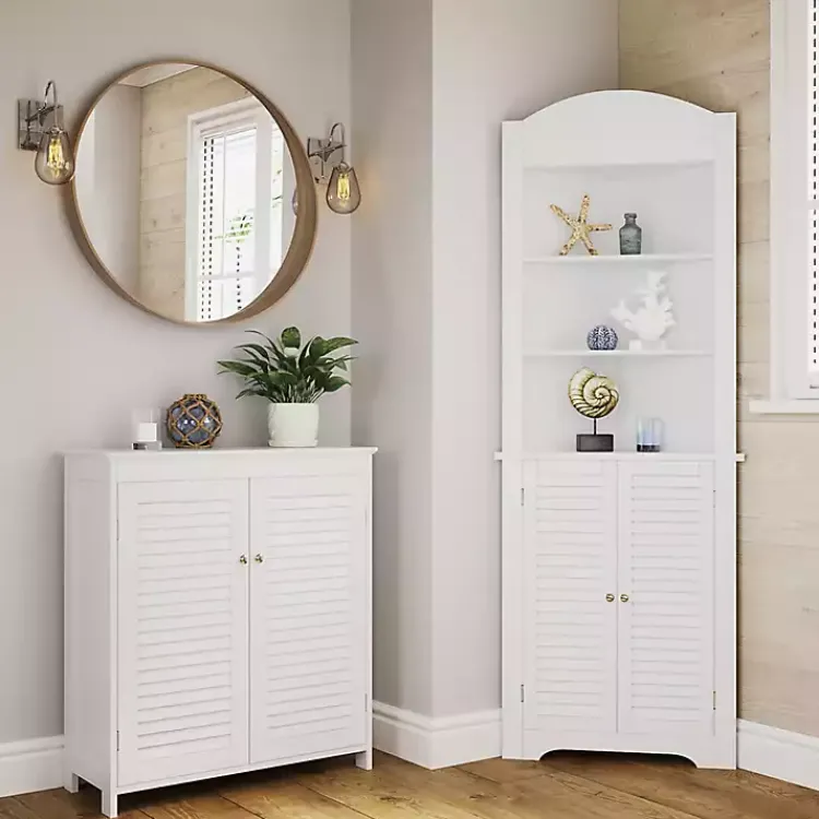 Bathroom Furniture-Kirklands Home Slatted 2-Door Bathroom Storage Cabinet White