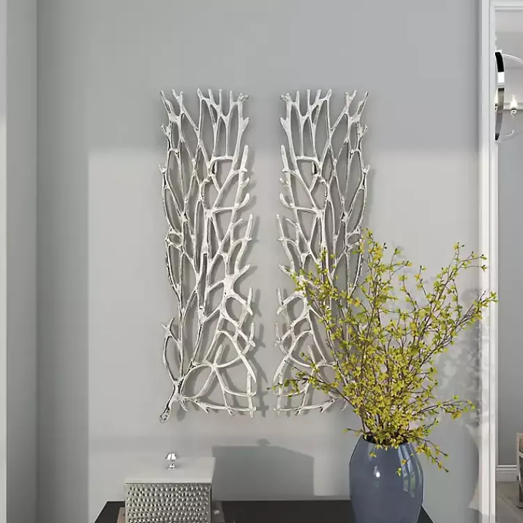 Wall Plaques-Kirklands Home Metal Coral Panel Wall Plaques, Set of 2 Silver