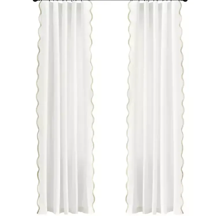Curtains & Drapes-Kirklands Home White and Tan Scalloped Curtain Panel Set, 84 in.