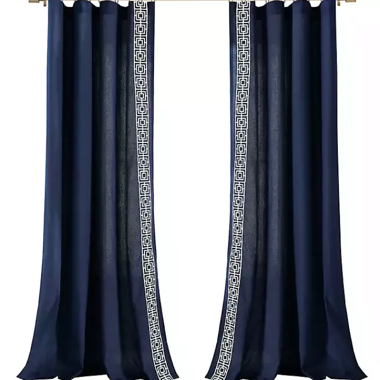 Curtains & Drapes-Kirklands Home Navy Modern Square Border Curtain Panel, 84 in. Blue