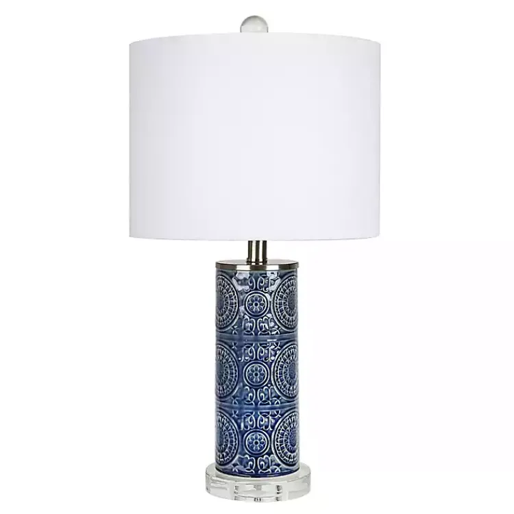 Table Lamps-Kirklands Home Blue Ceramic Embossed Spiro Table Lamp White
