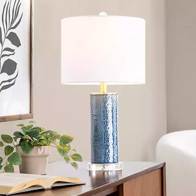 Table Lamps-Kirklands Home Blue Ceramic Embossed Spiro Table Lamp White