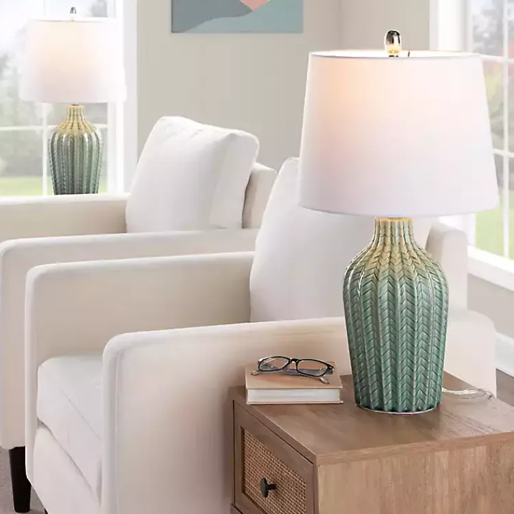 Table Lamps-Kirklands Home Sage Ceramic Chevron Table Lamps, Set of 2 White