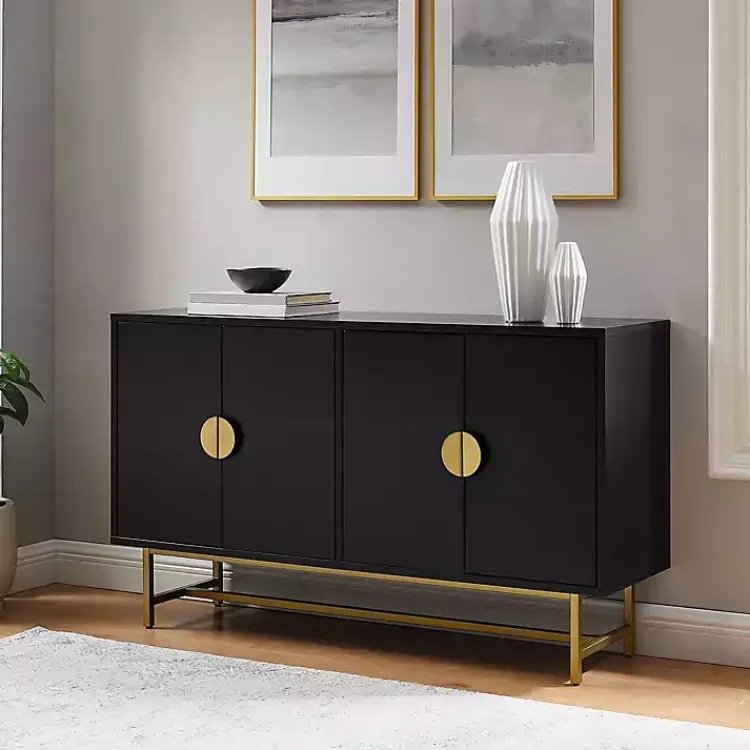 Cabinets & Sideboards-Kirklands Home Wood & Gold Metal Sideboard Black