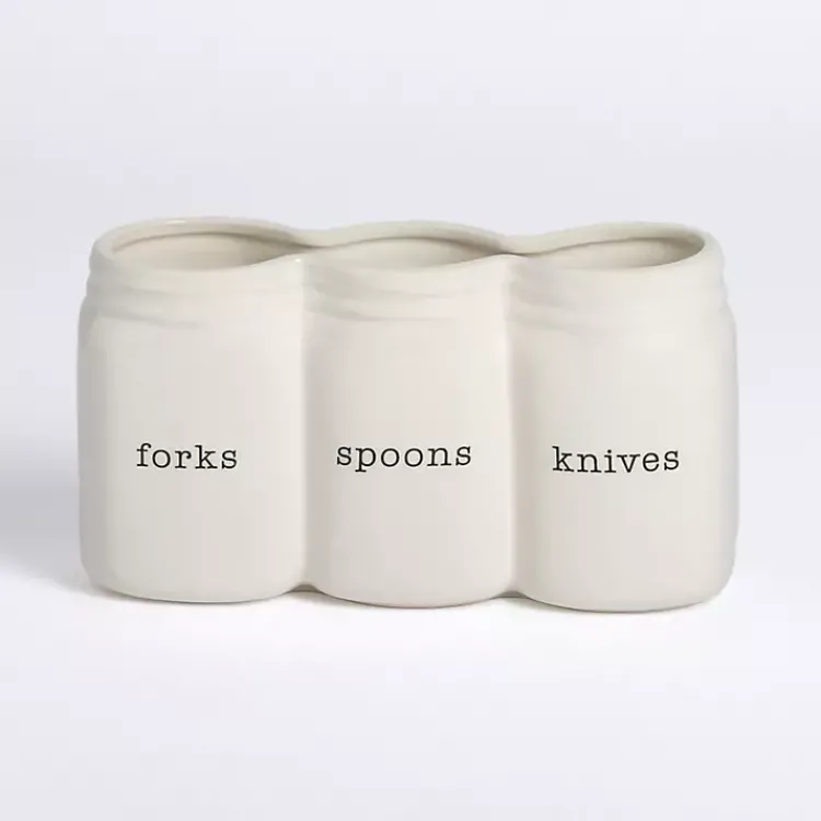 Kitchen Storage-Kirklands Home Ceramic 3-Section Mason Jar Utensil Holder White