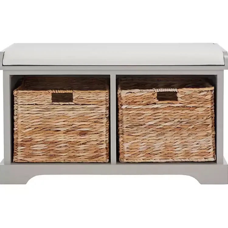 Benches & Ottomans-Kirklands Home Bench with Woven Storage Baskets Gray