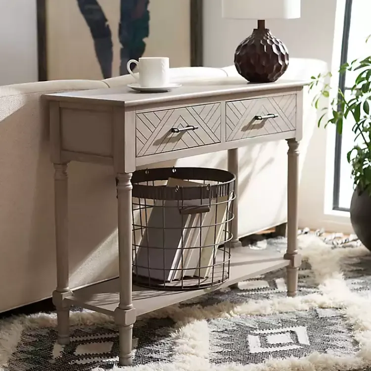 Console Tables-Kirklands Home Greige Chevron 2-Drawer Console Table Gray