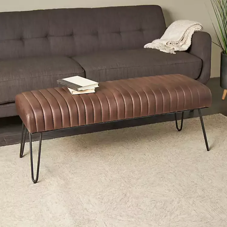 Benches & Ottomans-Kirklands Home Dark Leather Tufted Panel Bench Brown