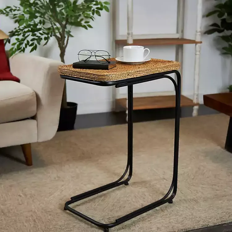 Accent & End Tables-Kirklands Home Natural Seagrass and Black Metal C-Table Tan