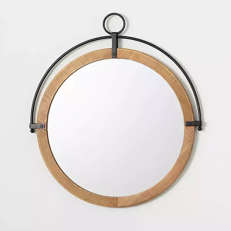 Decorative Mirrors-Kirklands Home Wood and Black Metal Modern Round Wall Mirror