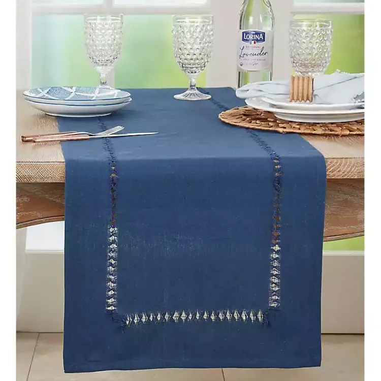 Table Linens-Kirklands Home Navy Hemstitch Table Runner Blue