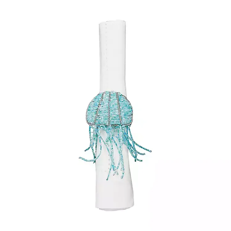 Table Linens-Kirklands Home Aqua Beaded Jellyfish Napkin Rings, Set of 6 Blue