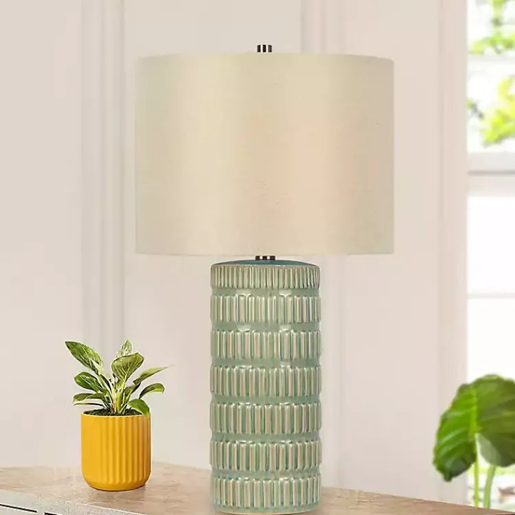 Table Lamps-Kirklands Home Green Textured Column Table Lamps, Set of 2 Tan