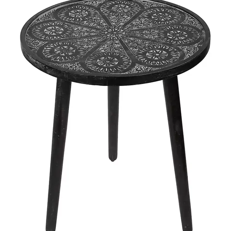 Accent & End Tables-Kirklands Home Round Charcoal Floral Engraved Accent Table Black