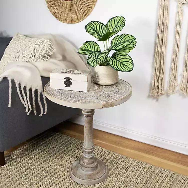 Accent & End Tables-Kirklands Home Round Antique Etched Pedestal Accent Table Gray