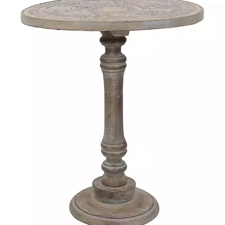 Accent & End Tables-Kirklands Home Round Antique Etched Pedestal Accent Table Gray