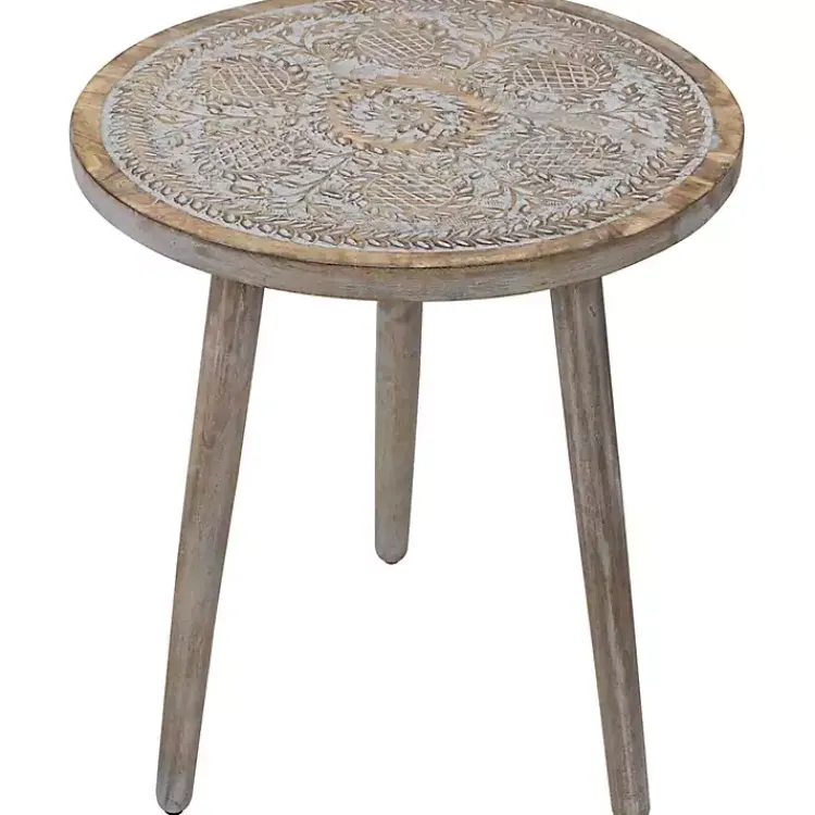 Accent & End Tables-Kirklands Home Round Antique Engraved Accent Table Gray