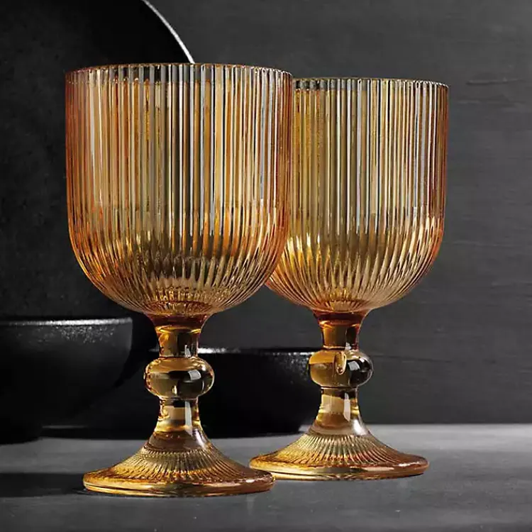 Glassware & Drinkware-Kirklands Home Amber Ribbed Goblet Wine Glasses, Set of 4 Orange