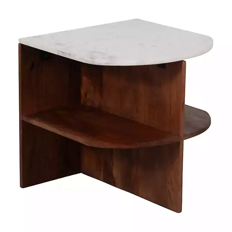 Accent & End Tables-Kirklands Home Brown Wood Half Round Marble Accent Table White