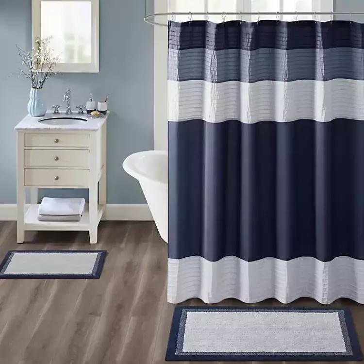 Bathroom Rugs-Kirklands Home Navy Border Cotton Bath Mat, 20x30 Blue