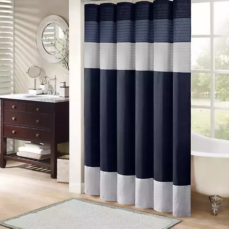 Shower Curtains-Kirklands Home Navy Colorblock Silky Shower Curtain Blue