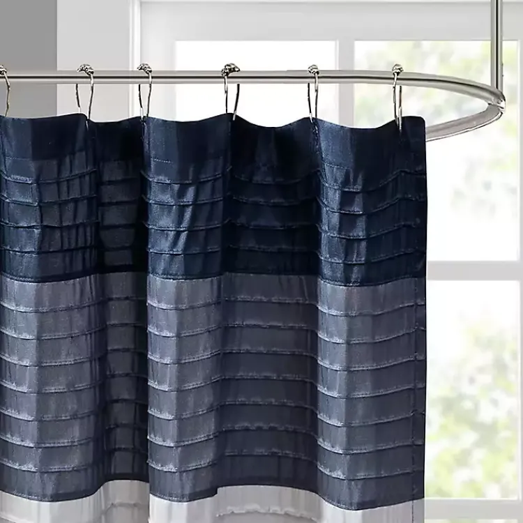 Shower Curtains-Kirklands Home Navy Colorblock Silky Shower Curtain Blue