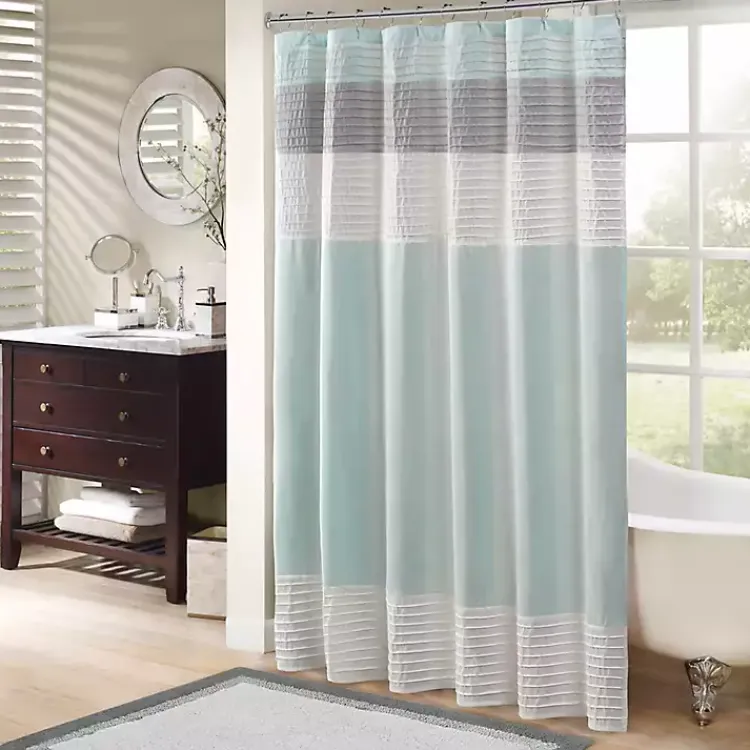 Shower Curtains-Kirklands Home Light Colorblock Silky Shower Curtain Blue
