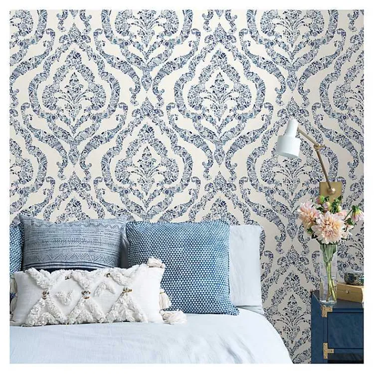 Wall Murals & Wallpaper-Kirklands Home Floral Damask Pattern Peel & Stick Wallpaper Blue