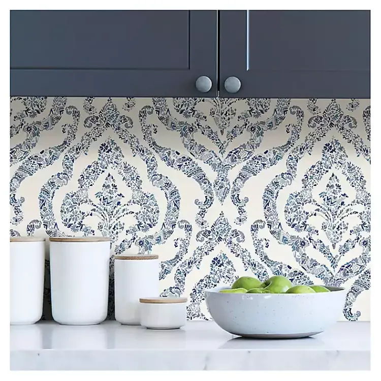 Wall Murals & Wallpaper-Kirklands Home Floral Damask Pattern Peel & Stick Wallpaper Blue
