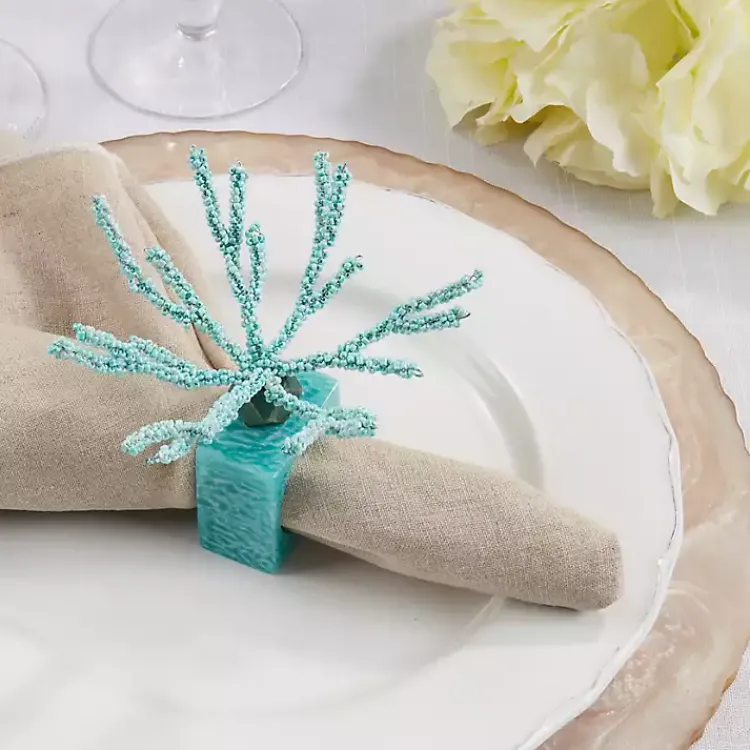 Table Linens-Kirklands Home Teal Beaded Coral Napkin Rings, Set of 4 Blue