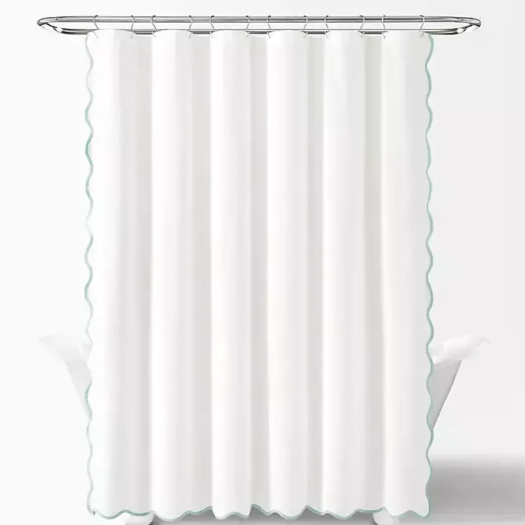 Shower Curtains-Kirklands Home White Blue Scalloped Coastal Shower Curtain