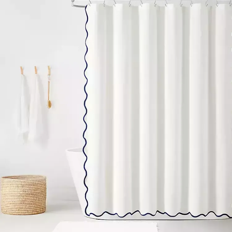 Shower Curtains-Kirklands Home White Navy Scalloped Coastal Shower Curtain