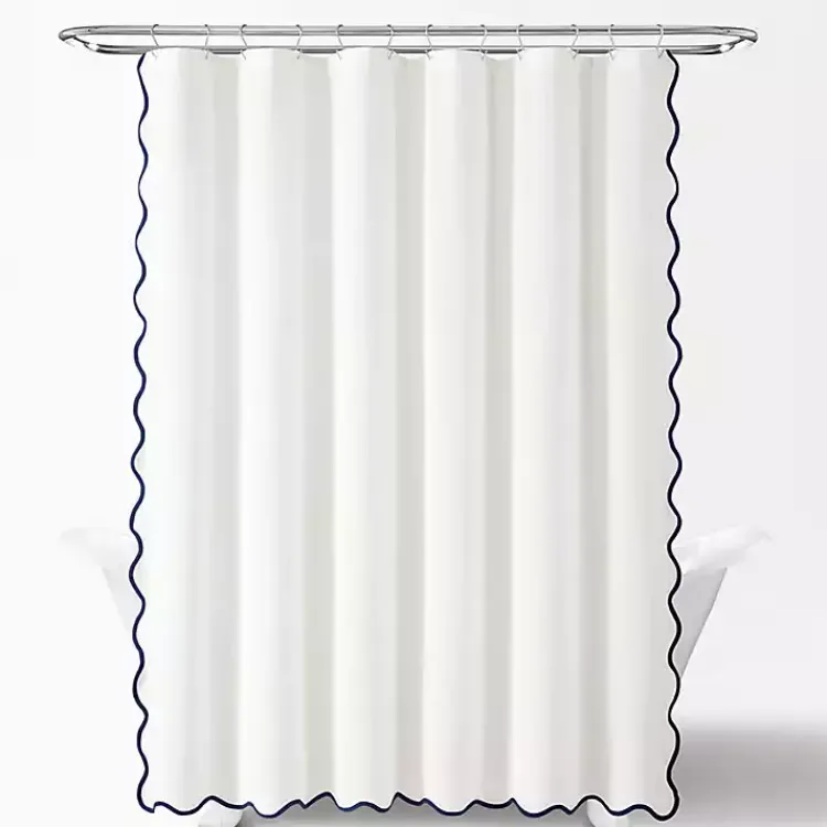 Shower Curtains-Kirklands Home White Navy Scalloped Coastal Shower Curtain