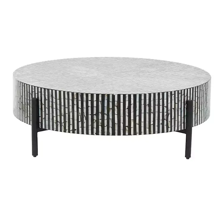 Coffee Tables-Kirklands Home Round Geometric Stripe Shell Coffee Table