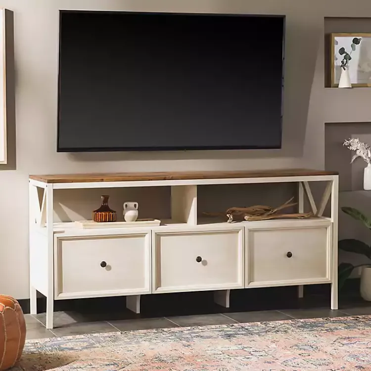 Tv Stands & Media Consoles-Kirklands Home Brown and Whitewashed Wood 3-Drawer Media Cabinet