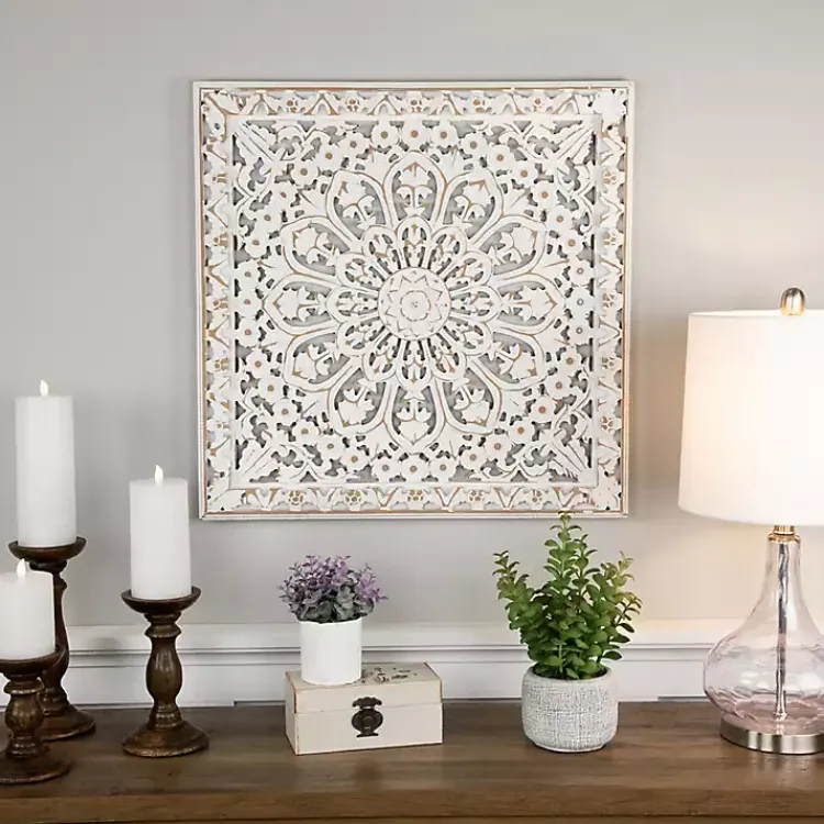 Wall Plaques-Kirklands Home Antique Floral Mandala Square Wall Plaque White