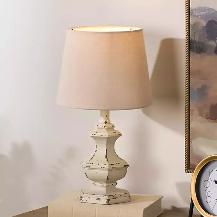 Table Lamps-Kirklands Home Distressed Cream Sculpted Urn Table Lamp Tan