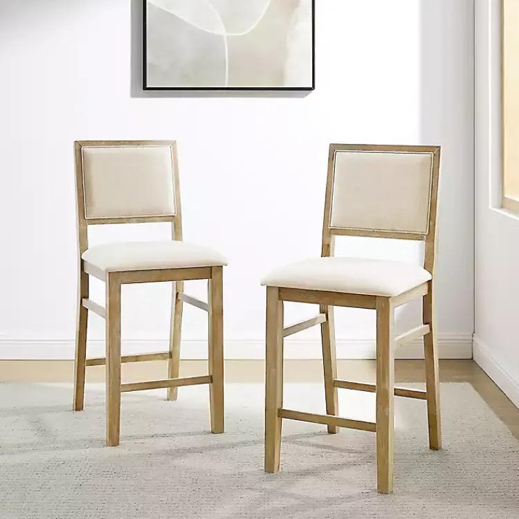 Bar Stools & Counter Height Stools-Kirklands Home Natural Wood Upholstered Counter Stools, Set of 2 Tan