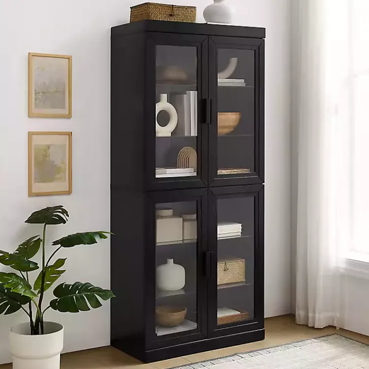 Cabinets & Sideboards-Kirklands Home Tall Black Wood and Glass Door Storage Cabinet