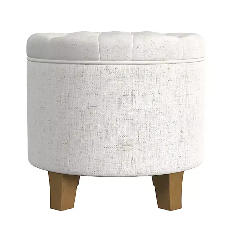 Benches & Ottomans-Kirklands Home Cream Woven Upholstered Tufted Storage Ottoman White