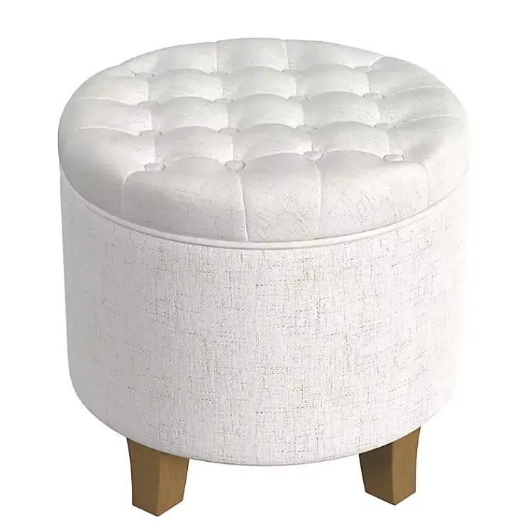 Benches & Ottomans-Kirklands Home Cream Woven Upholstered Tufted Storage Ottoman White